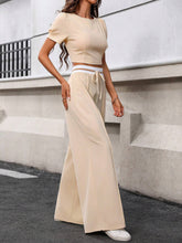 CREW NECK PUFF SLEEVE TOP AND TIE WAIST WIDE LEG PANTS